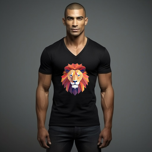 V-Neck T-Shirt with Low Poly Lion Face