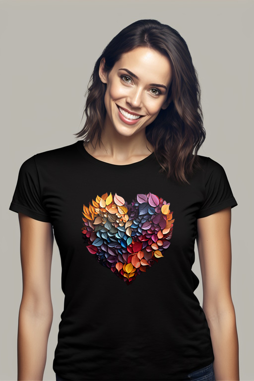 Fit T-Shirt with Colorful Leaves and Heart Brust of Colors