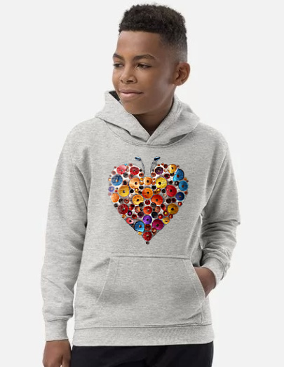 Youth Heart Ladybug Hoodie on a Rainbow White Background