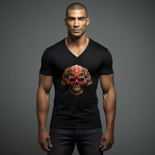 Skull Flame 3D V-Neck T-Shirt (Red/Yellow, 750 Q.5)